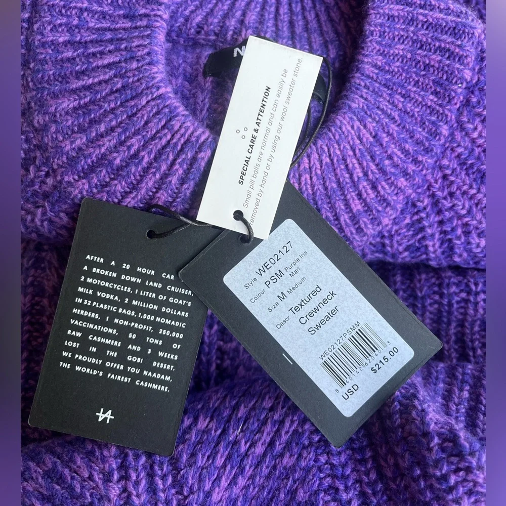Naadam crewneck purple wool and cashmere blend textured sweater. Size M. NWT
